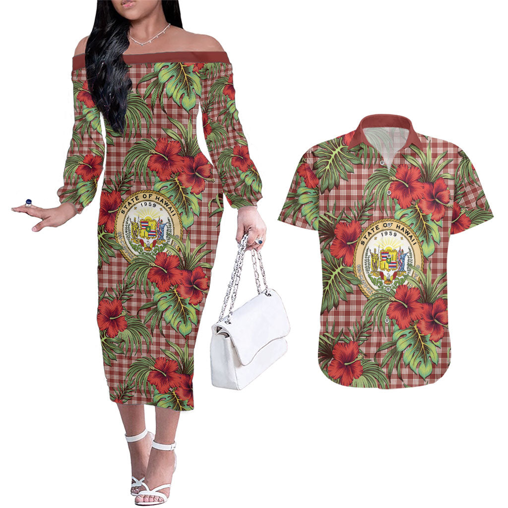 Vintage Hawaii Hibiscus Palaka Couples Matching Off The Shoulder Long Sleeve Dress and Hawaiian Shirt Red Color