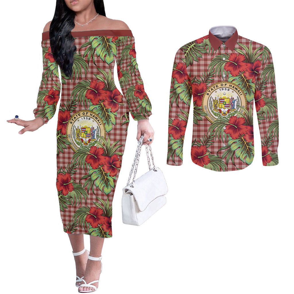 Vintage Hawaii Hibiscus Palaka Couples Matching Off The Shoulder Long Sleeve Dress and Long Sleeve Button Shirt Red Color