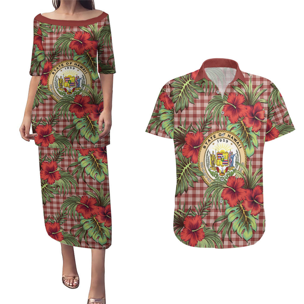 Vintage Hawaii Hibiscus Palaka Couples Matching Puletasi and Hawaiian Shirt Red Color
