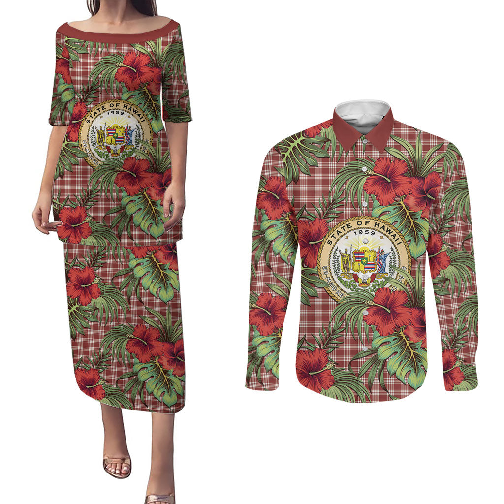 Vintage Hawaii Hibiscus Palaka Couples Matching Puletasi and Long Sleeve Button Shirt Red Color