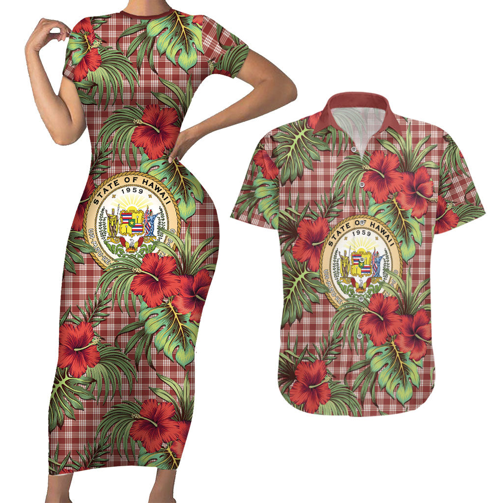 Vintage Hawaii Hibiscus Palaka Couples Matching Short Sleeve Bodycon Dress and Hawaiian Shirt Red Color