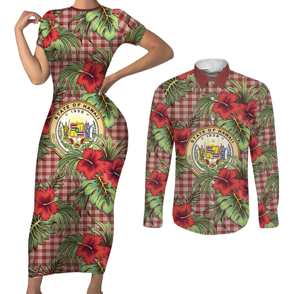 Vintage Hawaii Hibiscus Palaka Couples Matching Short Sleeve Bodycon Dress and Long Sleeve Button Shirt Red Color