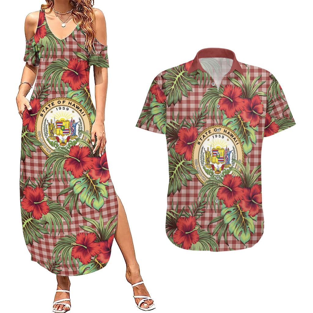 Vintage Hawaii Hibiscus Palaka Couples Matching Summer Maxi Dress and Hawaiian Shirt Red Color