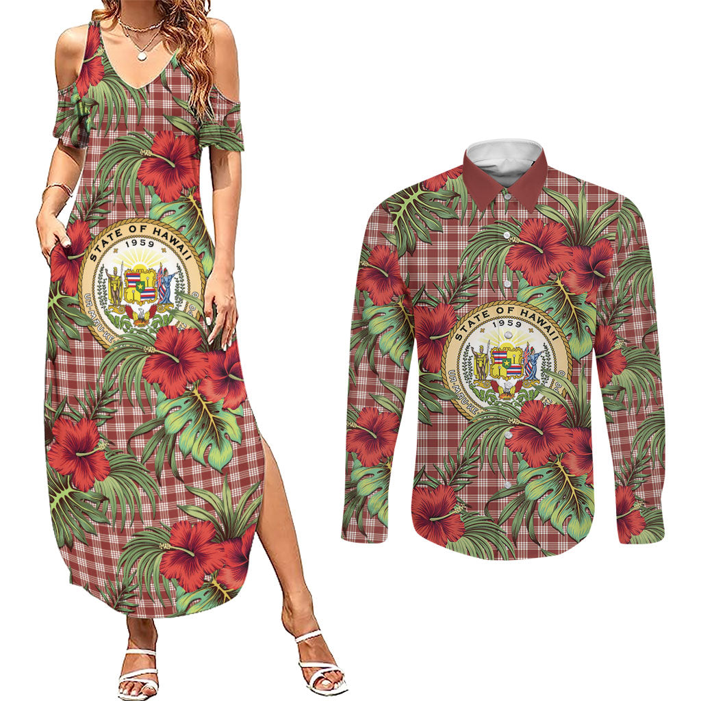 Vintage Hawaii Hibiscus Palaka Couples Matching Summer Maxi Dress and Long Sleeve Button Shirt Red Color