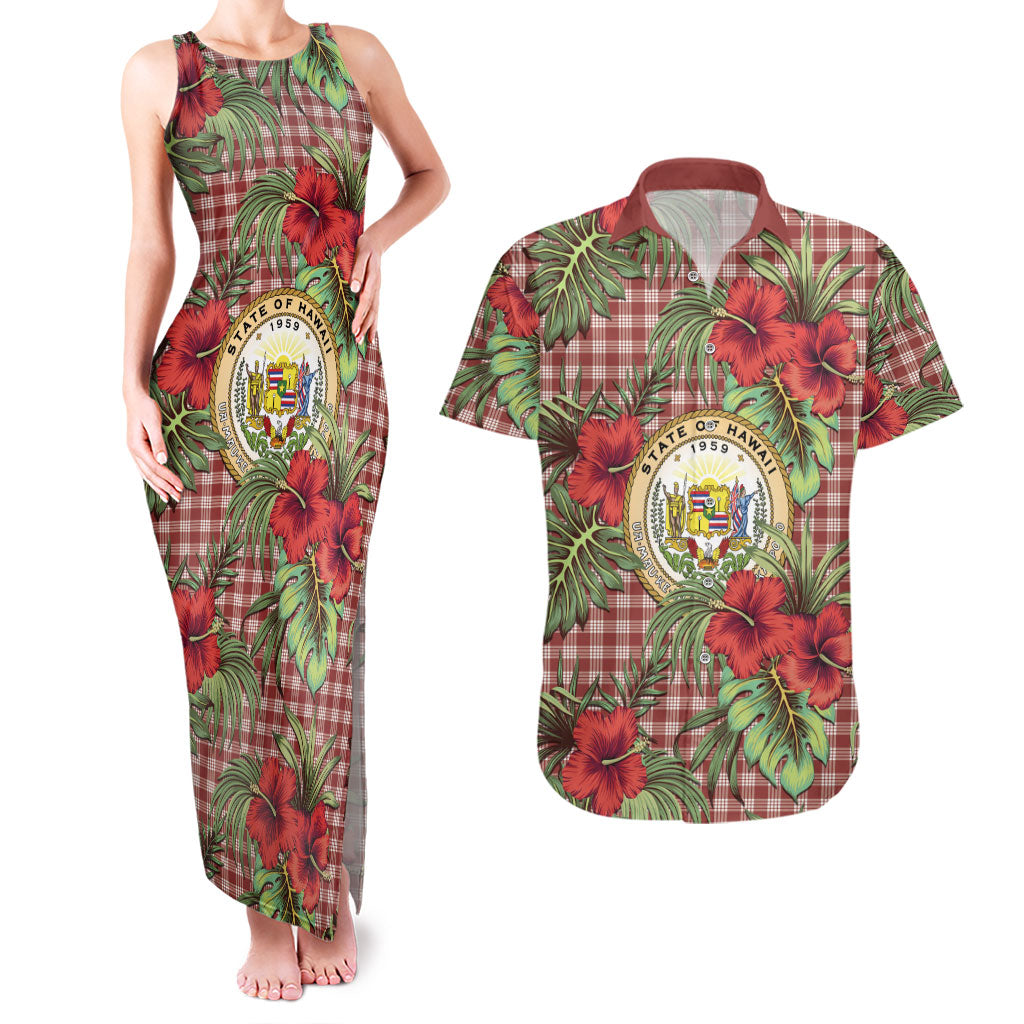 Vintage Hawaii Hibiscus Palaka Couples Matching Tank Maxi Dress and Hawaiian Shirt Red Color