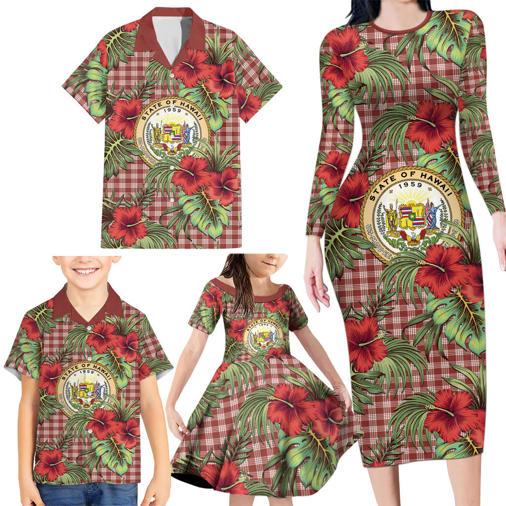 Vintage Hawaii Hibiscus Palaka Family Matching Long Sleeve Bodycon Dress and Hawaiian Shirt Red Color