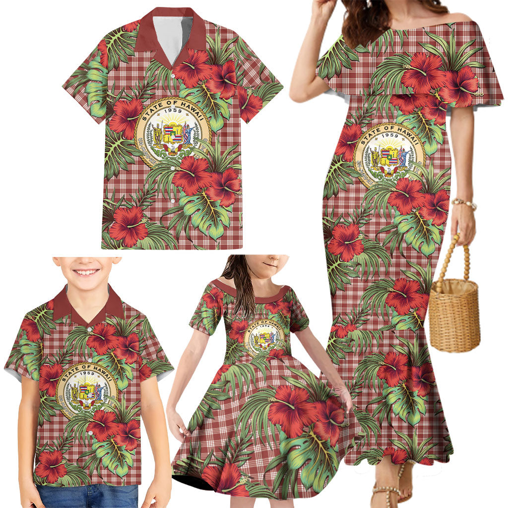 Vintage Hawaii Hibiscus Palaka Family Matching Mermaid Dress and Hawaiian Shirt Red Color