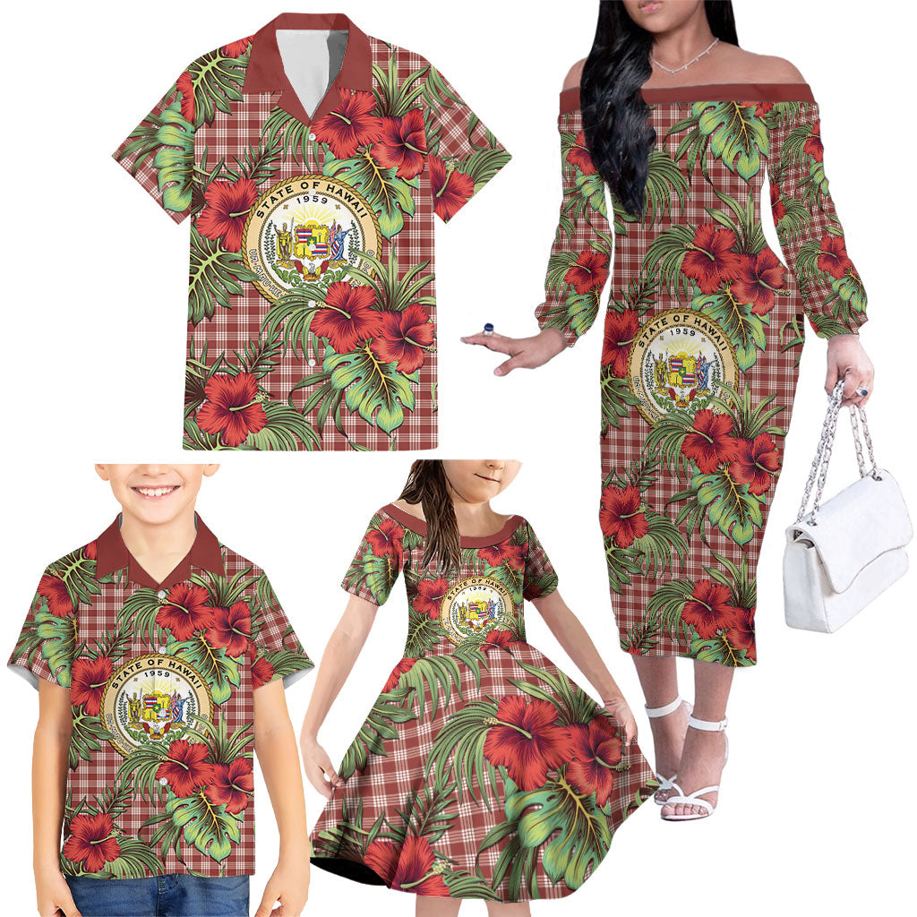 Vintage Hawaii Hibiscus Palaka Family Matching Off The Shoulder Long Sleeve Dress and Hawaiian Shirt Red Color