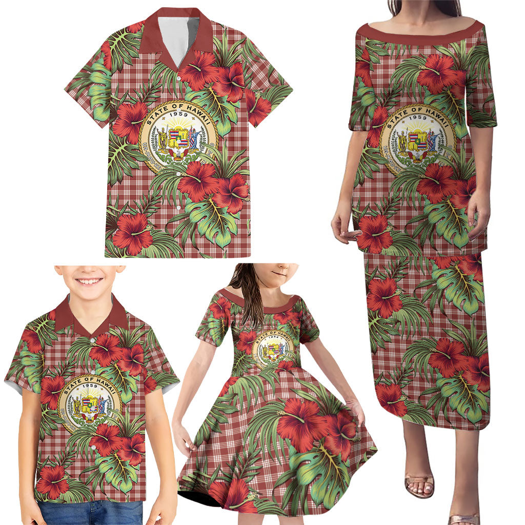 Vintage Hawaii Hibiscus Palaka Family Matching Puletasi and Hawaiian Shirt Red Color