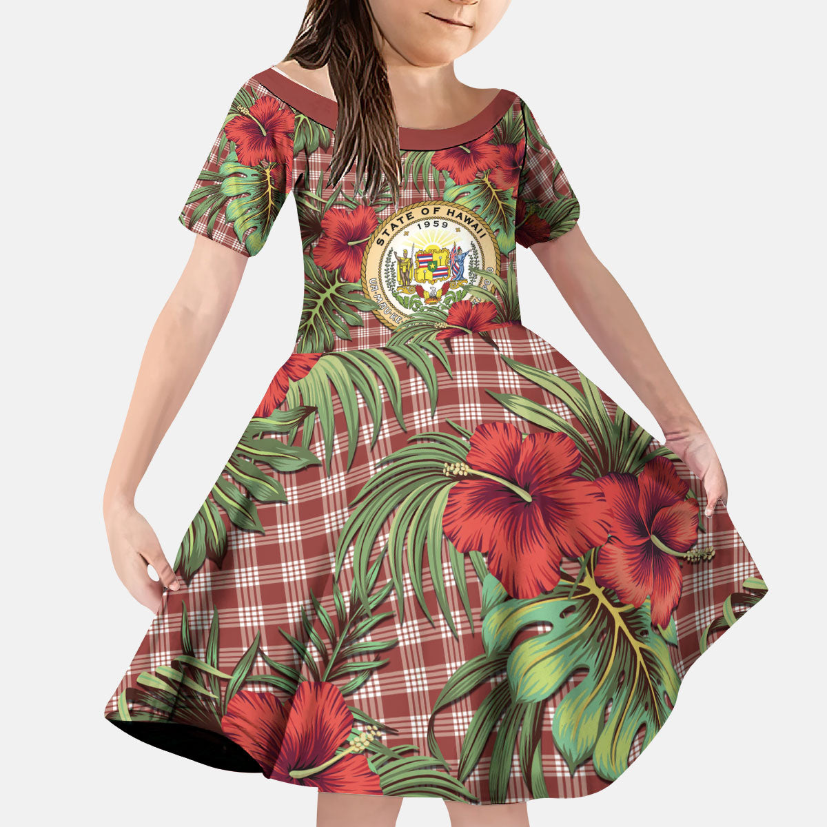 Vintage Hawaii Hibiscus Palaka Kid Short Sleeve Dress Red Color