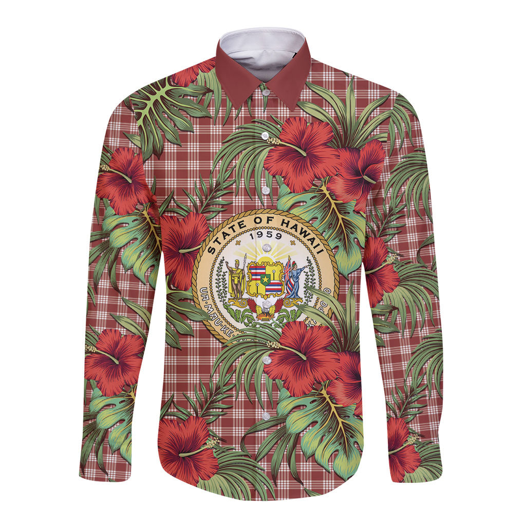 Vintage Hawaii Hibiscus Palaka Long Sleeve Button Shirt Red Color