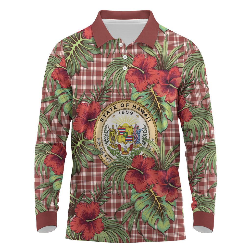 Vintage Hawaii Hibiscus Palaka Long Sleeve Polo Shirt Red Color
