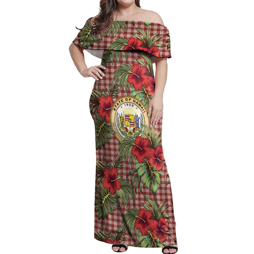 Vintage Hawaii Hibiscus Palaka Off Shoulder Maxi Dress Red Color