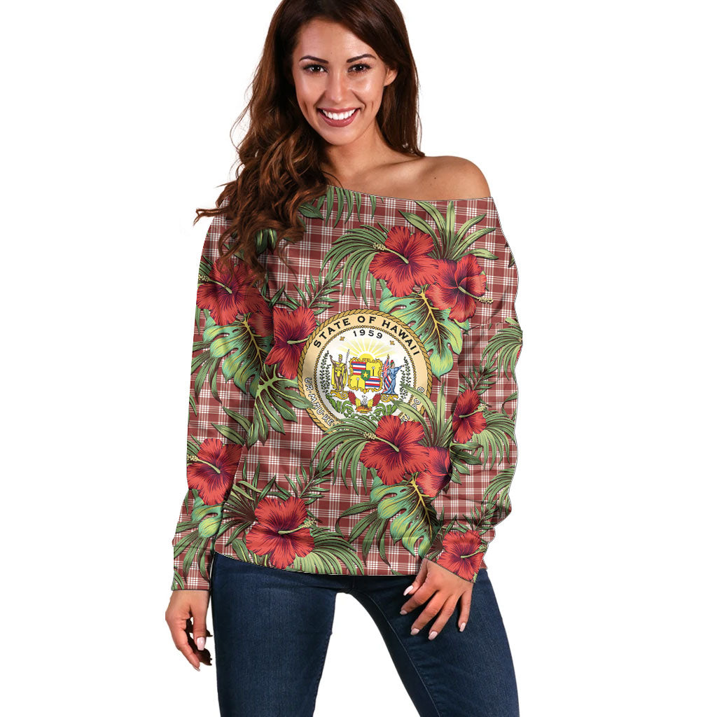 Vintage Hawaii Hibiscus Palaka Off Shoulder Sweater Red Color