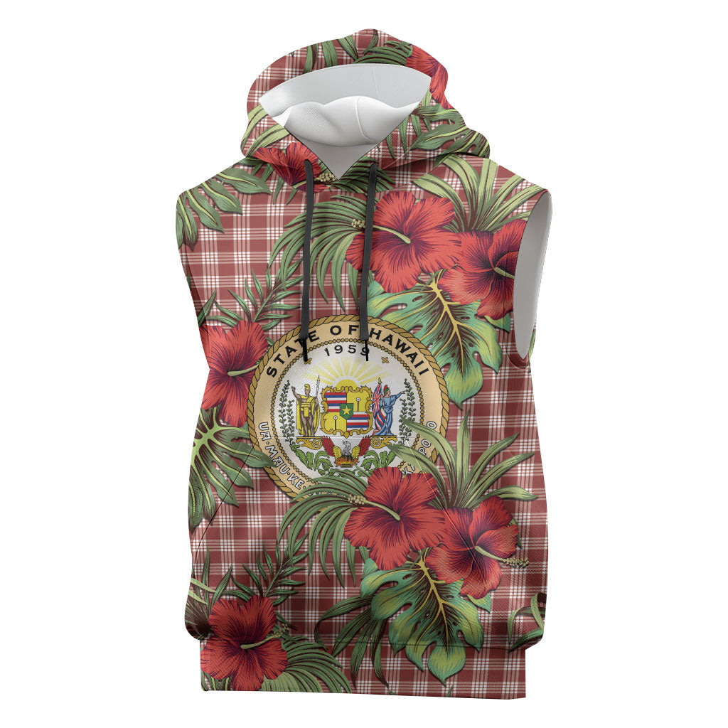 Vintage Hawaii Hibiscus Palaka Sleeveless Hoodie Red Color