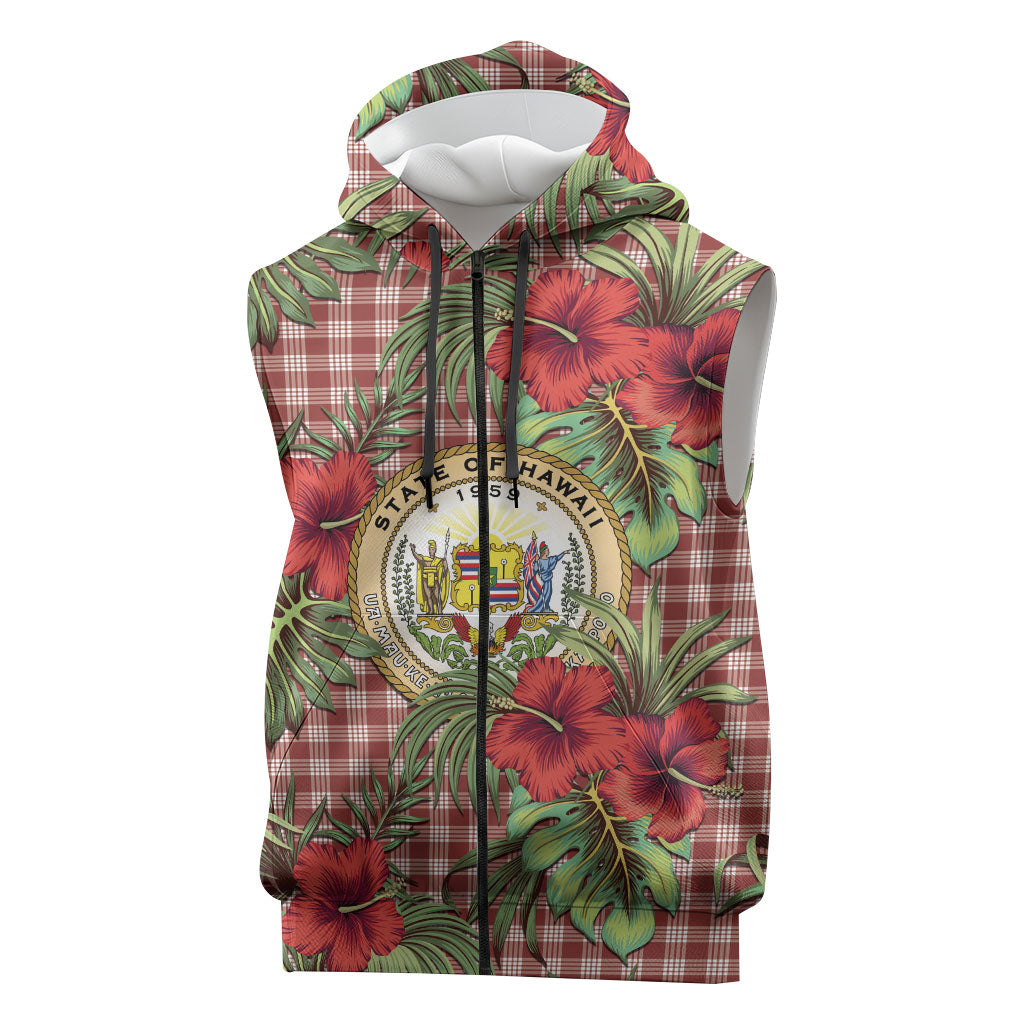 Vintage Hawaii Hibiscus Palaka Sleeveless Zip Hoodie Red Color