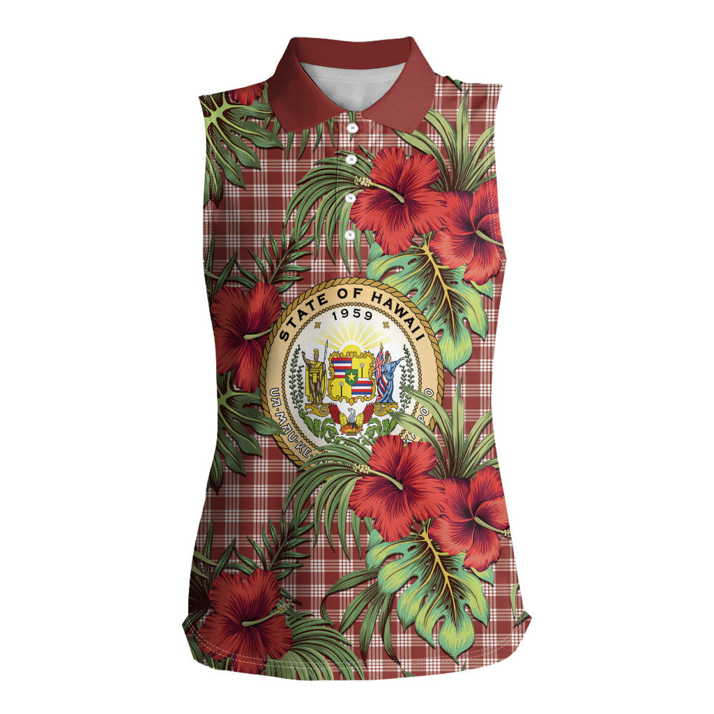 Vintage Hawaii Hibiscus Palaka Women Sleeveless Polo Shirt Red Color