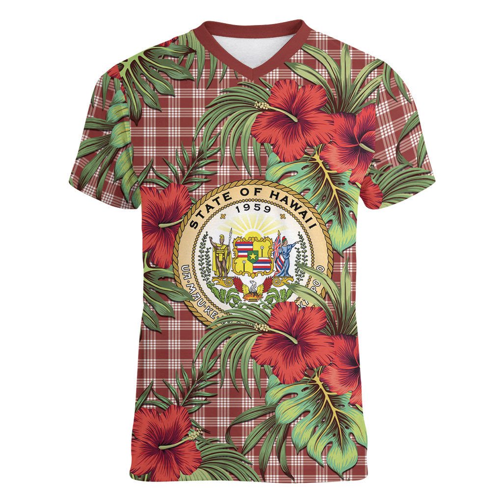Vintage Hawaii Hibiscus Palaka Women V-Neck T-Shirt Red Color