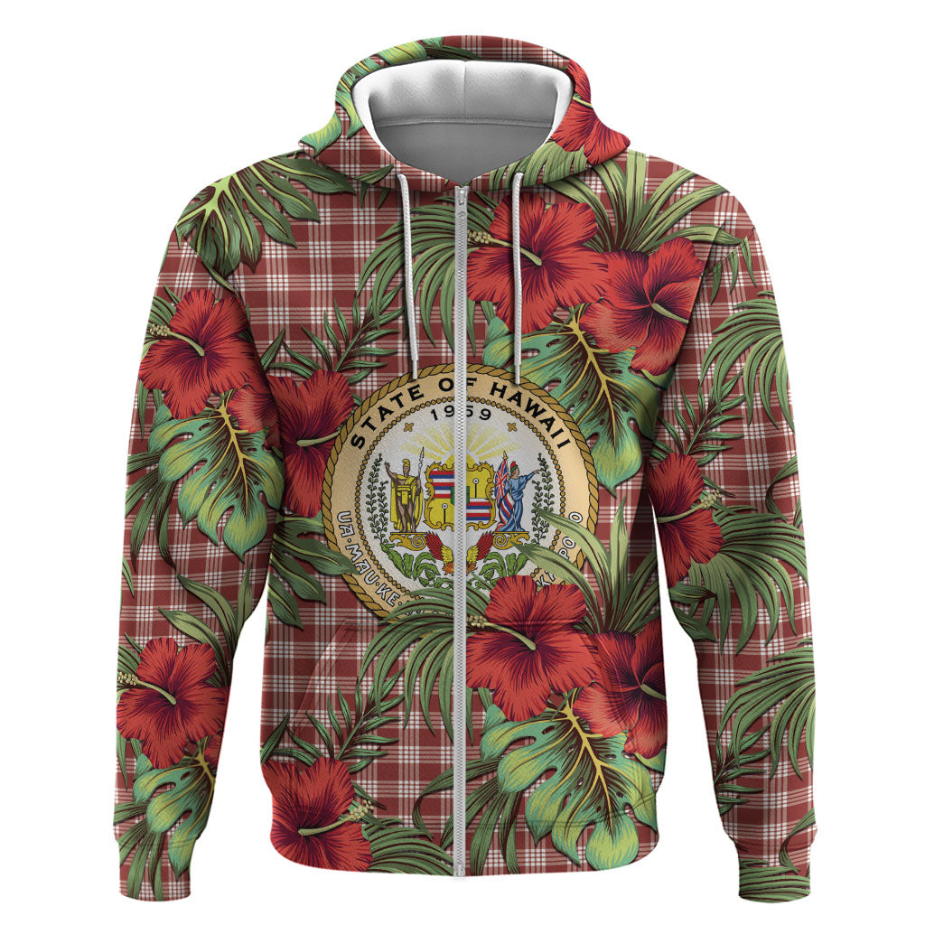 Vintage Hawaii Hibiscus Palaka Zip Hoodie Red Color