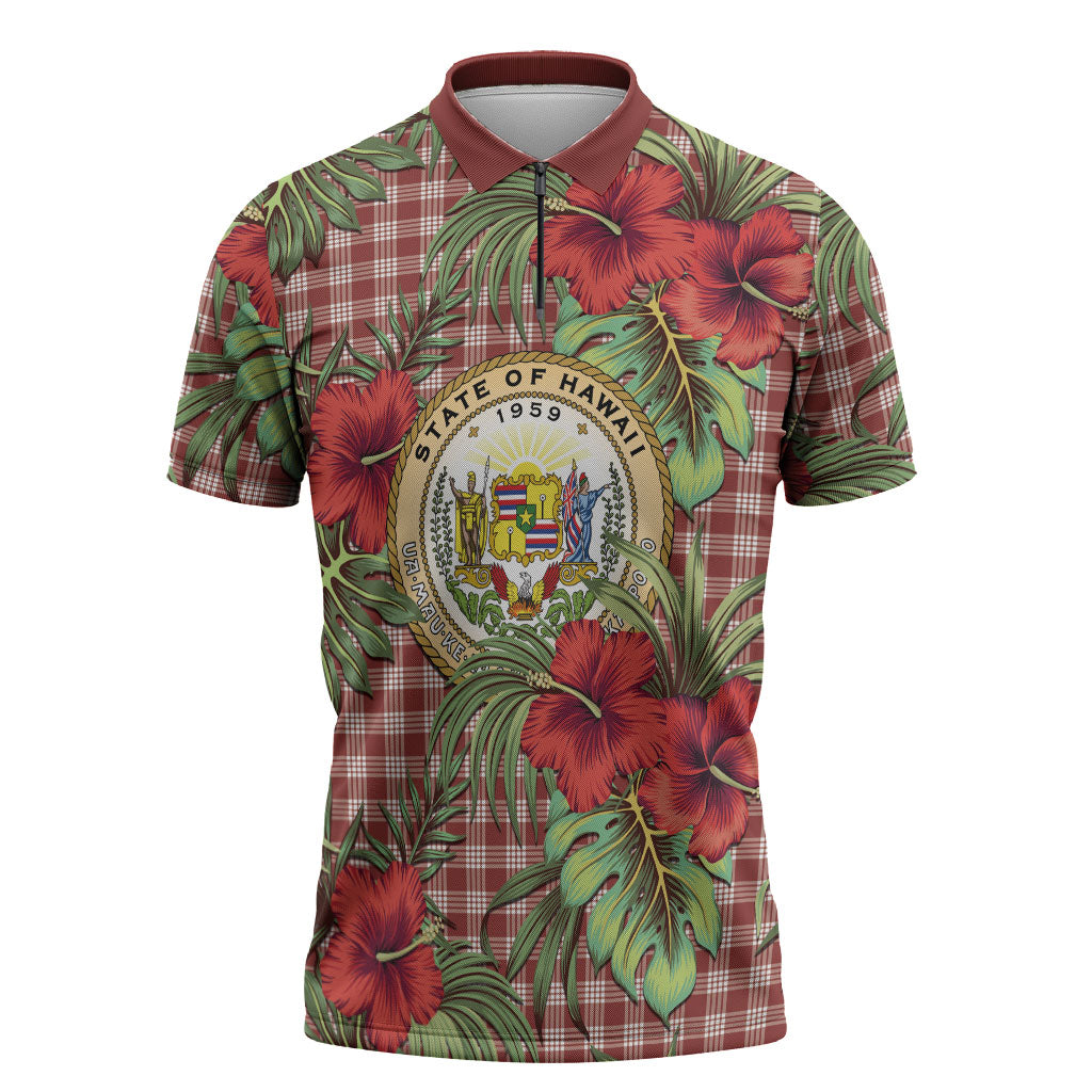 Vintage Hawaii Hibiscus Palaka Zipper Polo Shirt Red Color