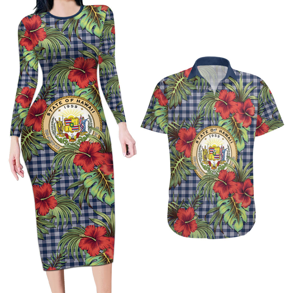Vintage Hawaii Hibiscus Palaka Couples Matching Long Sleeve Bodycon Dress and Hawaiian Shirt Navy Color
