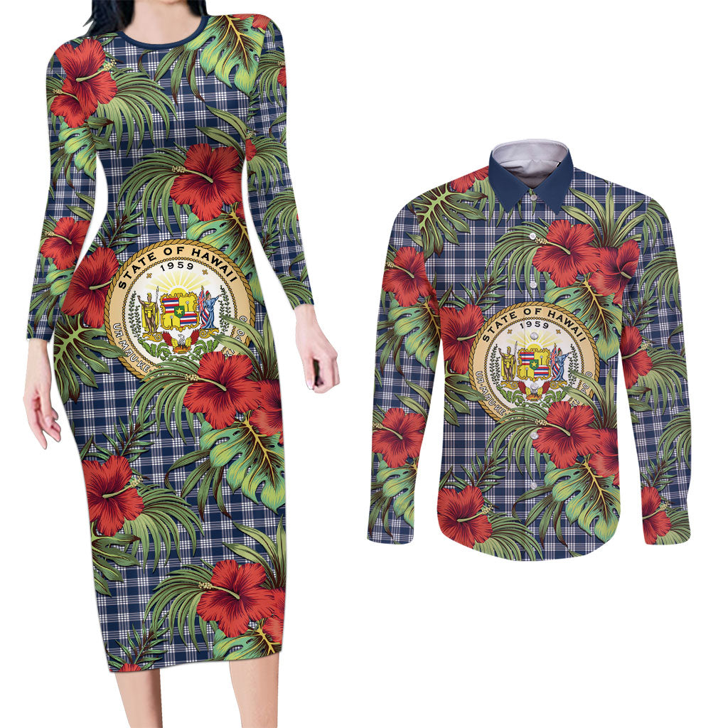 Vintage Hawaii Hibiscus Palaka Couples Matching Long Sleeve Bodycon Dress and Long Sleeve Button Shirt Navy Color