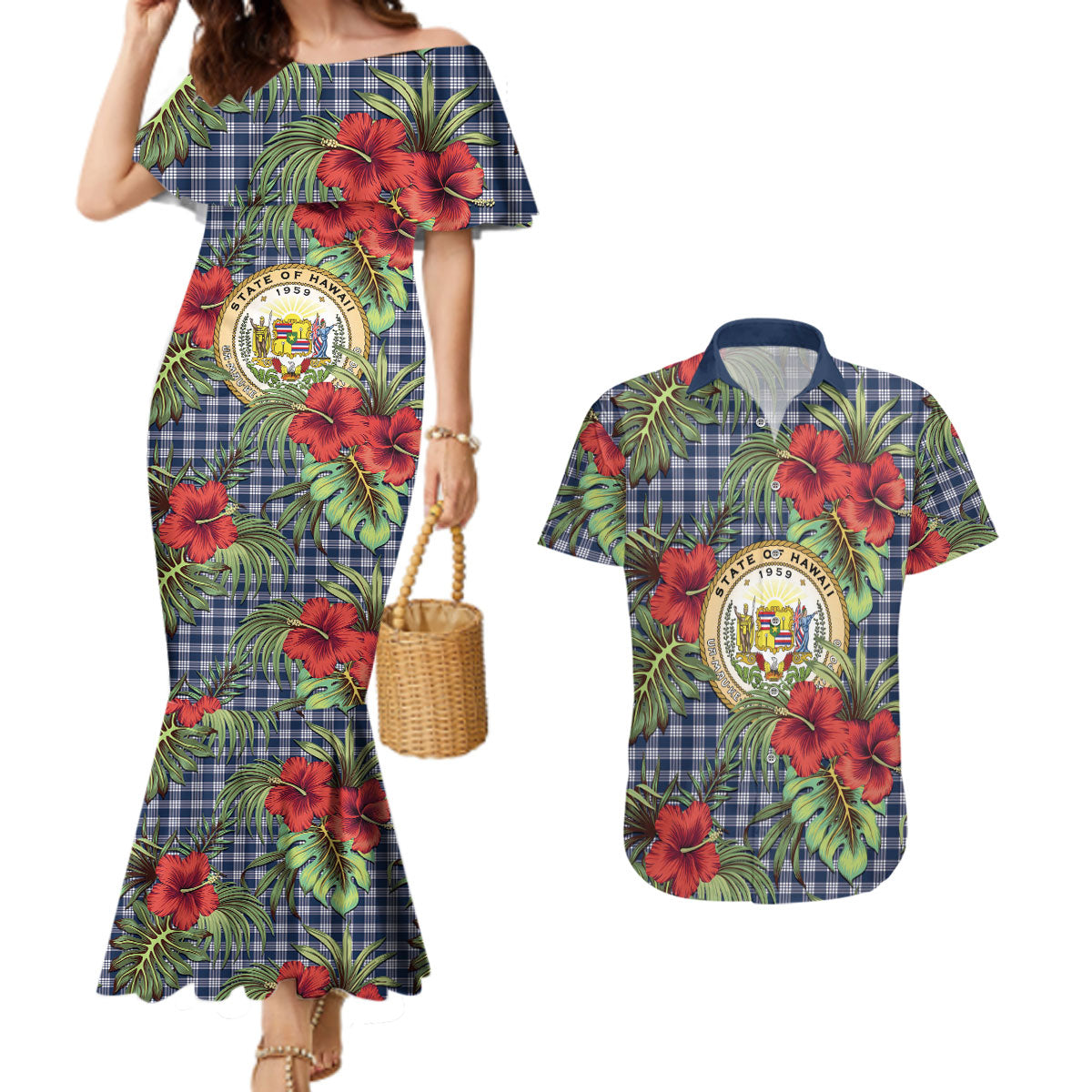 Vintage Hawaii Hibiscus Palaka Couples Matching Mermaid Dress and Hawaiian Shirt Navy Color
