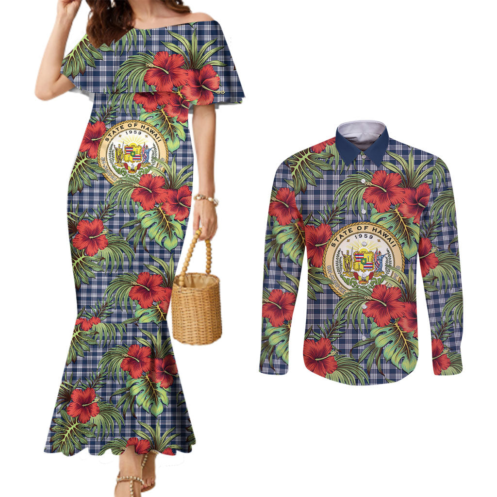 Vintage Hawaii Hibiscus Palaka Couples Matching Mermaid Dress and Long Sleeve Button Shirt Navy Color