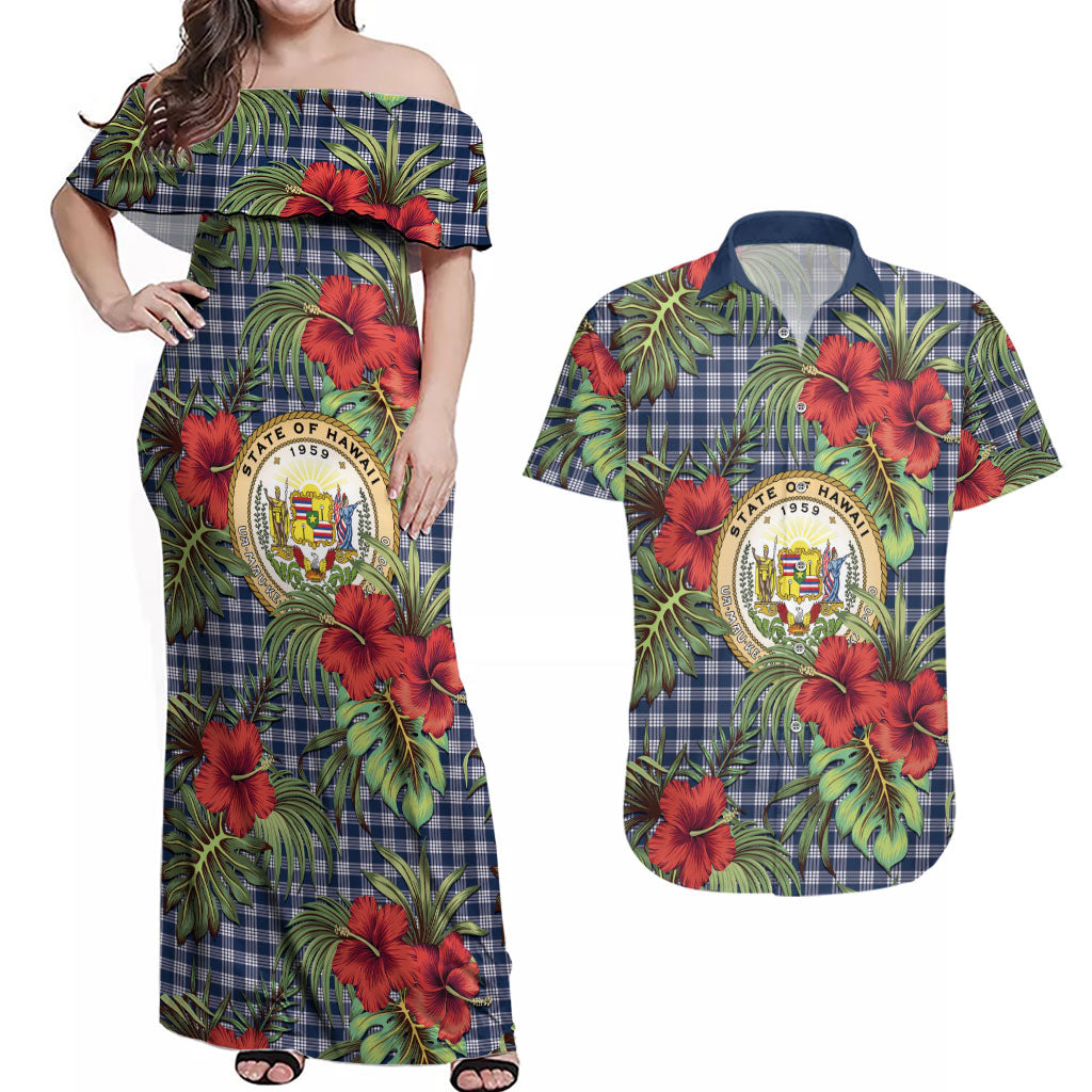 Vintage Hawaii Hibiscus Palaka Couples Matching Off Shoulder Maxi Dress and Hawaiian Shirt Navy Color