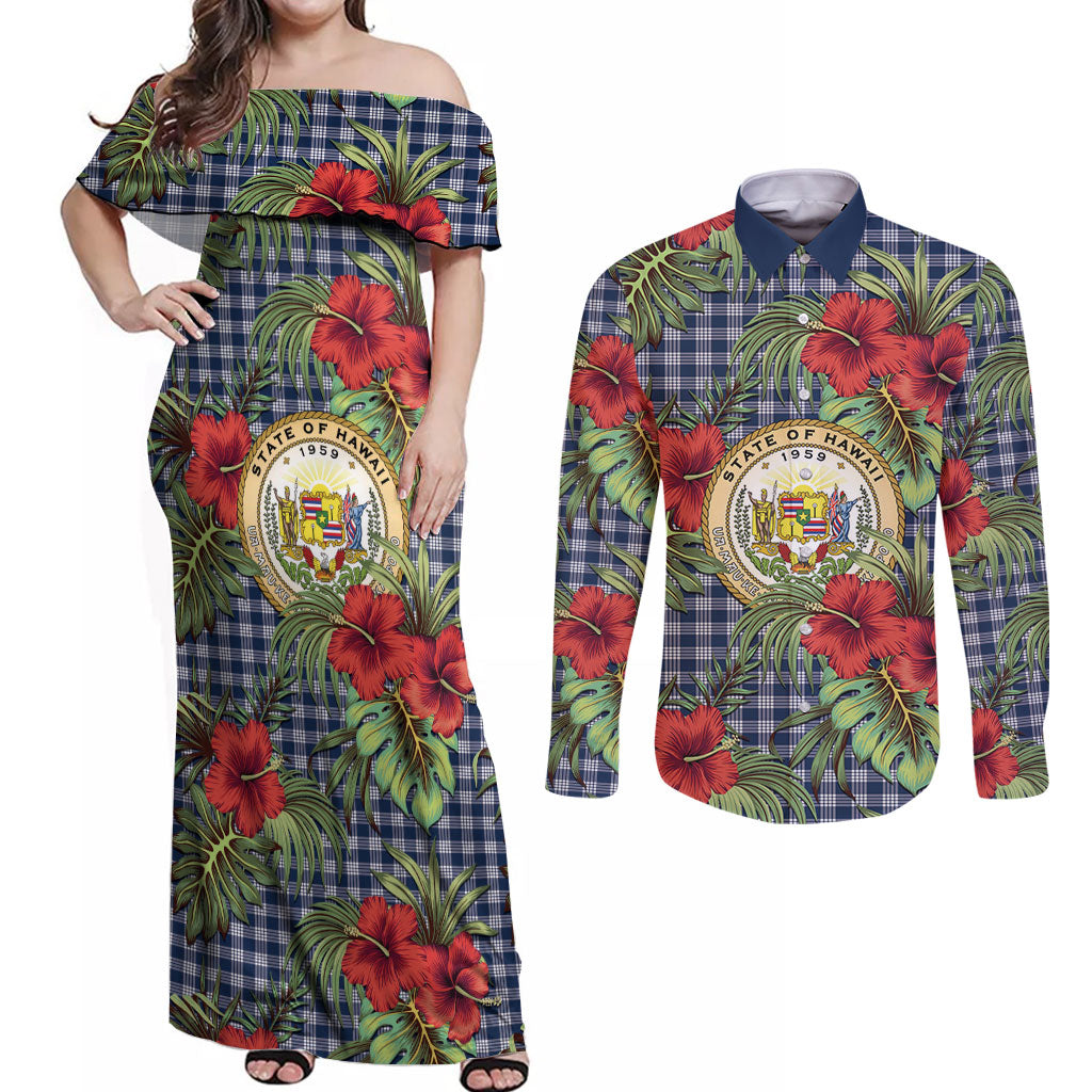 Vintage Hawaii Hibiscus Palaka Couples Matching Off Shoulder Maxi Dress and Long Sleeve Button Shirt Navy Color