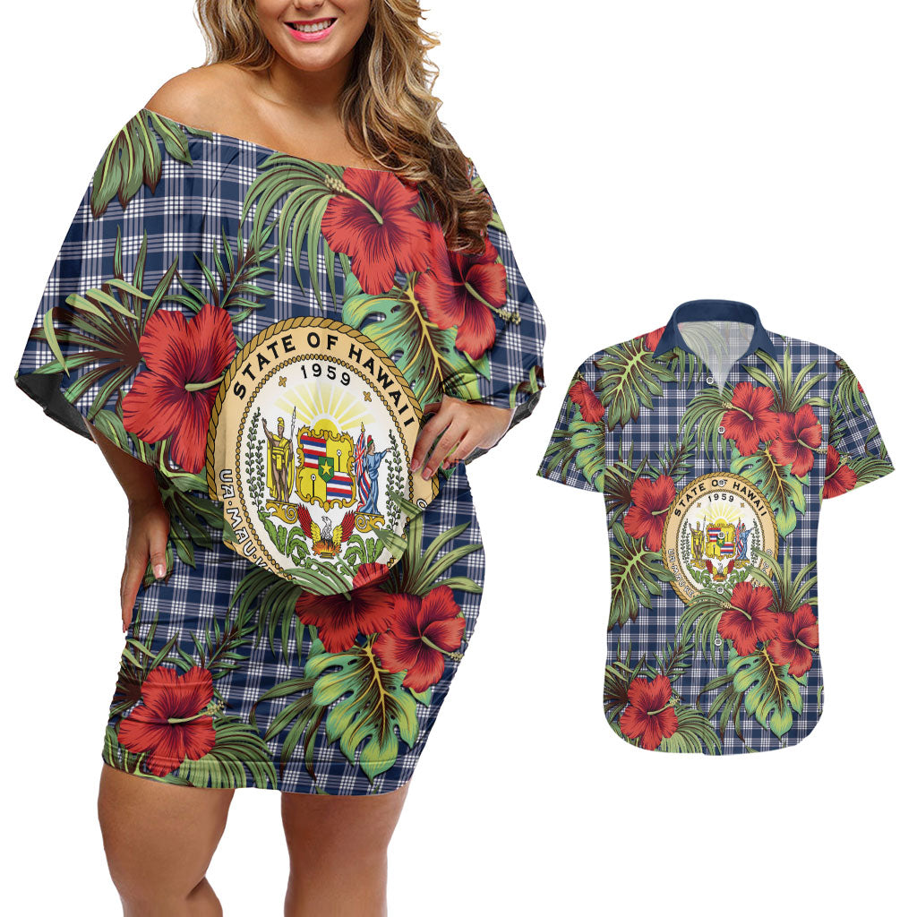 Vintage Hawaii Hibiscus Palaka Couples Matching Off Shoulder Short Dress and Hawaiian Shirt Navy Color