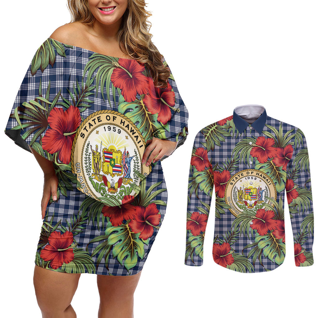 Vintage Hawaii Hibiscus Palaka Couples Matching Off Shoulder Short Dress and Long Sleeve Button Shirt Navy Color