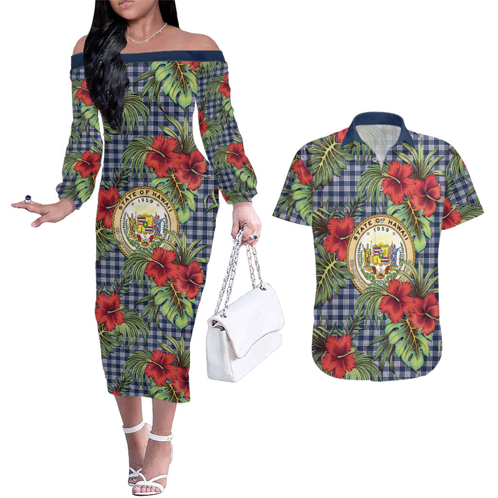 Vintage Hawaii Hibiscus Palaka Couples Matching Off The Shoulder Long Sleeve Dress and Hawaiian Shirt Navy Color