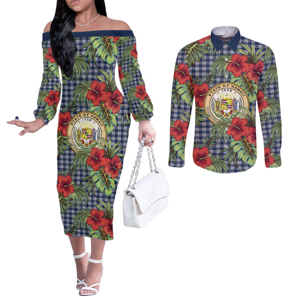 Vintage Hawaii Hibiscus Palaka Couples Matching Off The Shoulder Long Sleeve Dress and Long Sleeve Button Shirt Navy Color