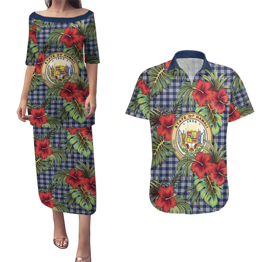 Vintage Hawaii Hibiscus Palaka Couples Matching Puletasi and Hawaiian Shirt Navy Color