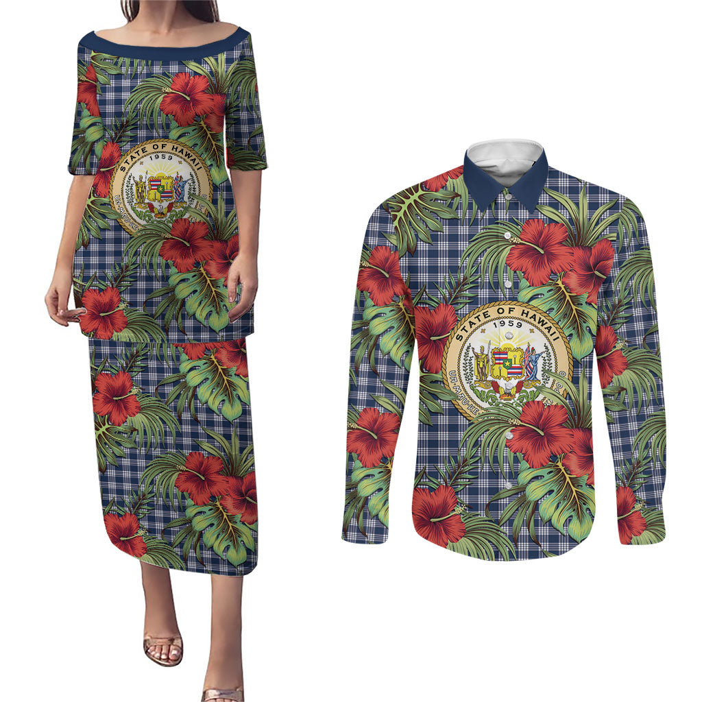 Vintage Hawaii Hibiscus Palaka Couples Matching Puletasi and Long Sleeve Button Shirt Navy Color