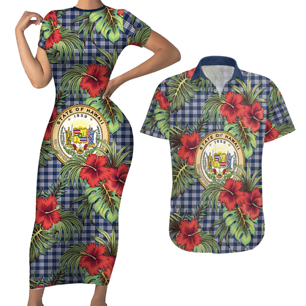 Vintage Hawaii Hibiscus Palaka Couples Matching Short Sleeve Bodycon Dress and Hawaiian Shirt Navy Color