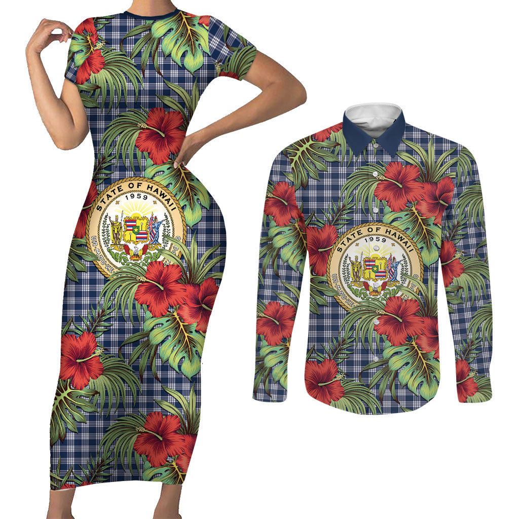 Vintage Hawaii Hibiscus Palaka Couples Matching Short Sleeve Bodycon Dress and Long Sleeve Button Shirt Navy Color