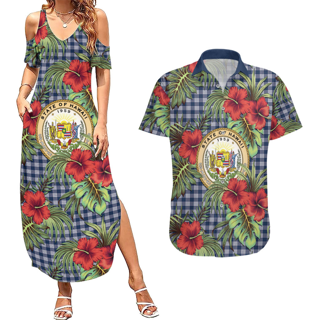 Vintage Hawaii Hibiscus Palaka Couples Matching Summer Maxi Dress and Hawaiian Shirt Navy Color