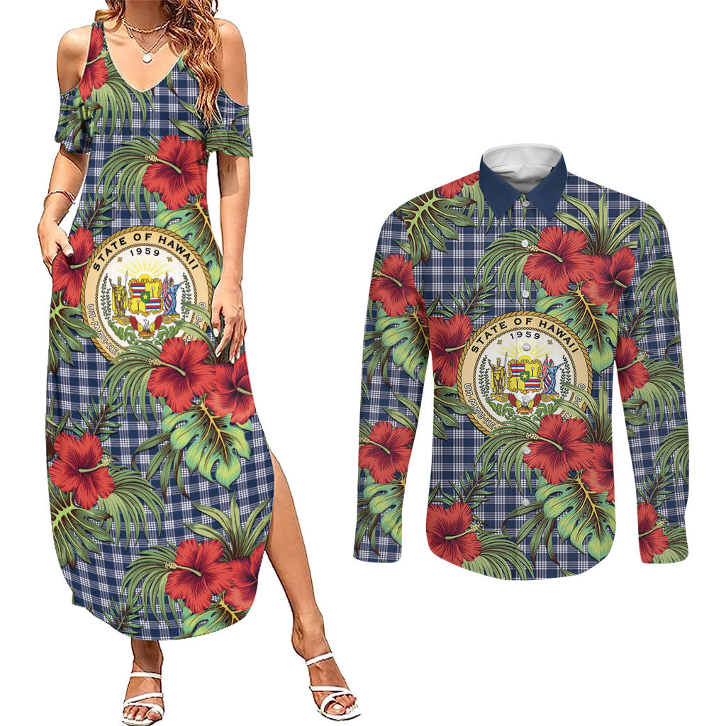 Vintage Hawaii Hibiscus Palaka Couples Matching Summer Maxi Dress and Long Sleeve Button Shirt Navy Color