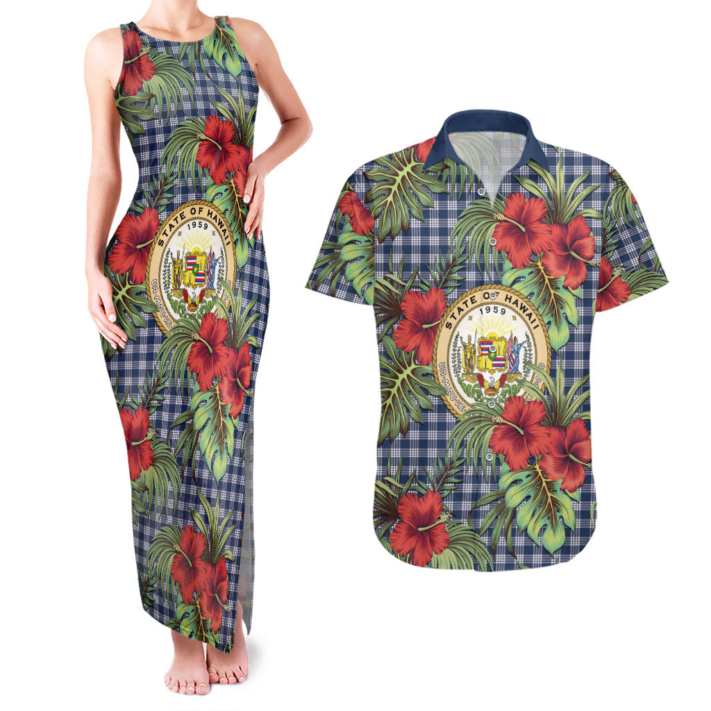 Vintage Hawaii Hibiscus Palaka Couples Matching Tank Maxi Dress and Hawaiian Shirt Navy Color