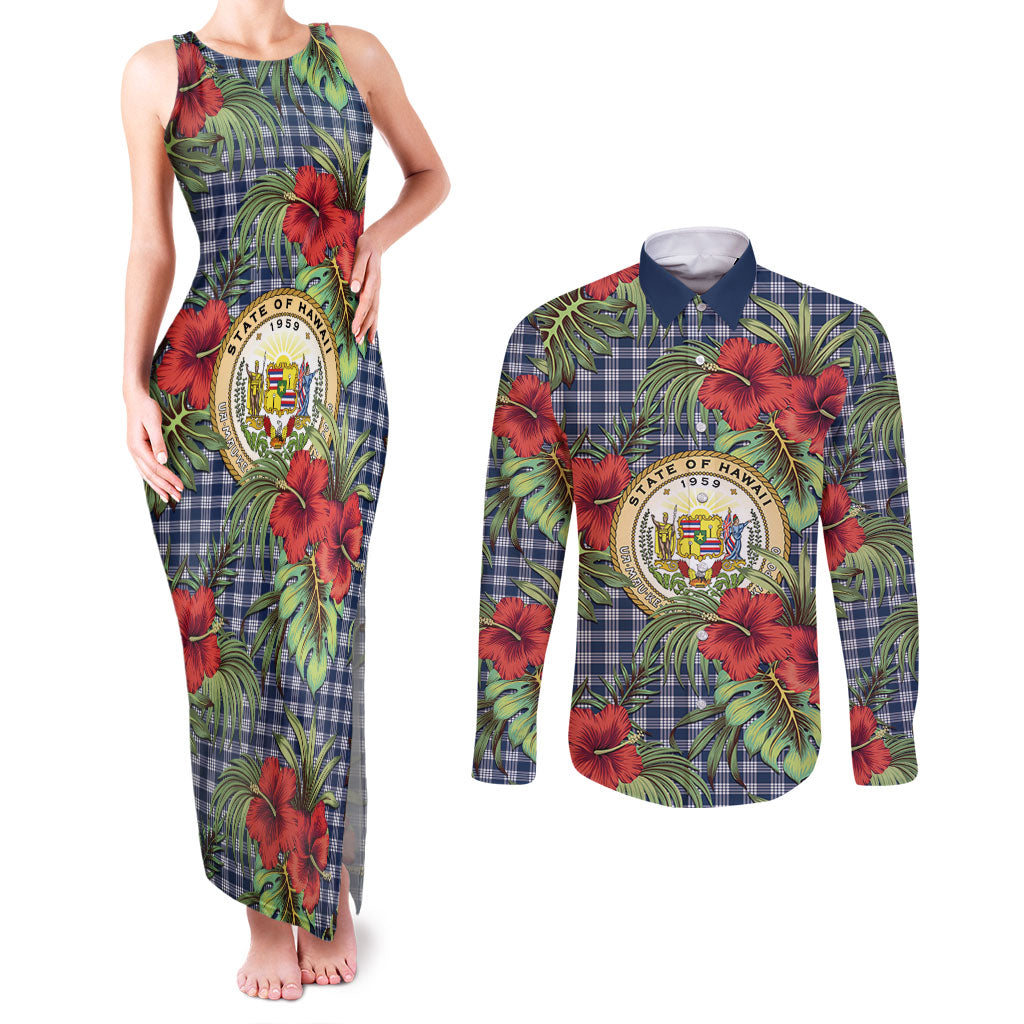 Vintage Hawaii Hibiscus Palaka Couples Matching Tank Maxi Dress and Long Sleeve Button Shirt Navy Color