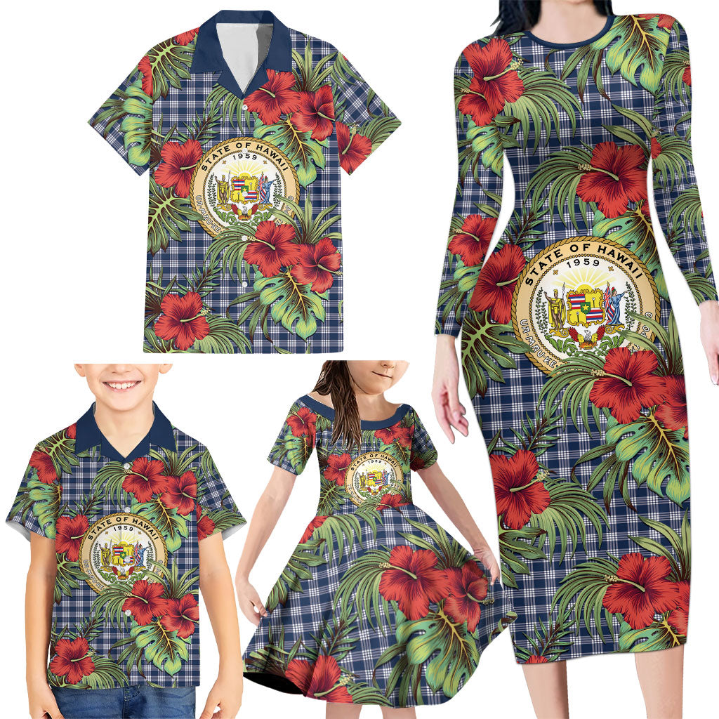 Vintage Hawaii Hibiscus Palaka Family Matching Long Sleeve Bodycon Dress and Hawaiian Shirt Navy Color