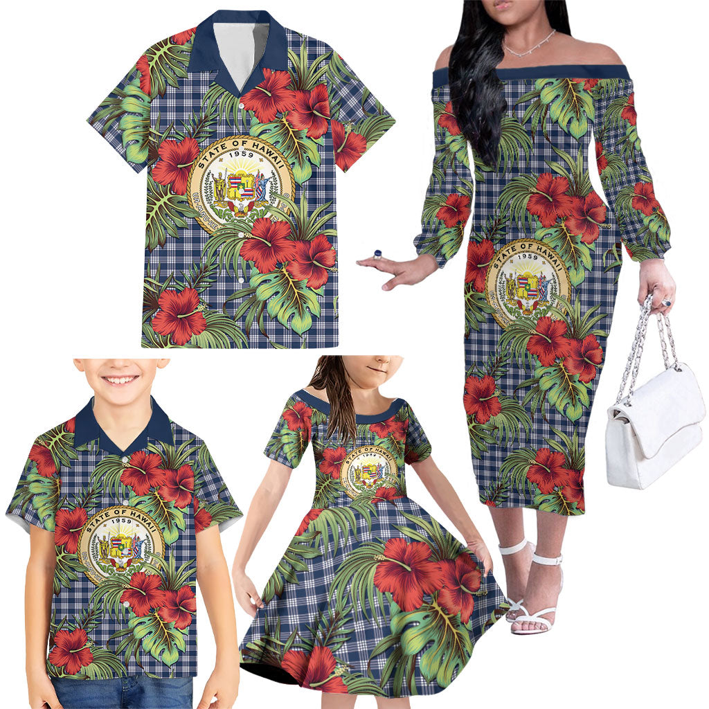 Vintage Hawaii Hibiscus Palaka Family Matching Off The Shoulder Long Sleeve Dress and Hawaiian Shirt Navy Color