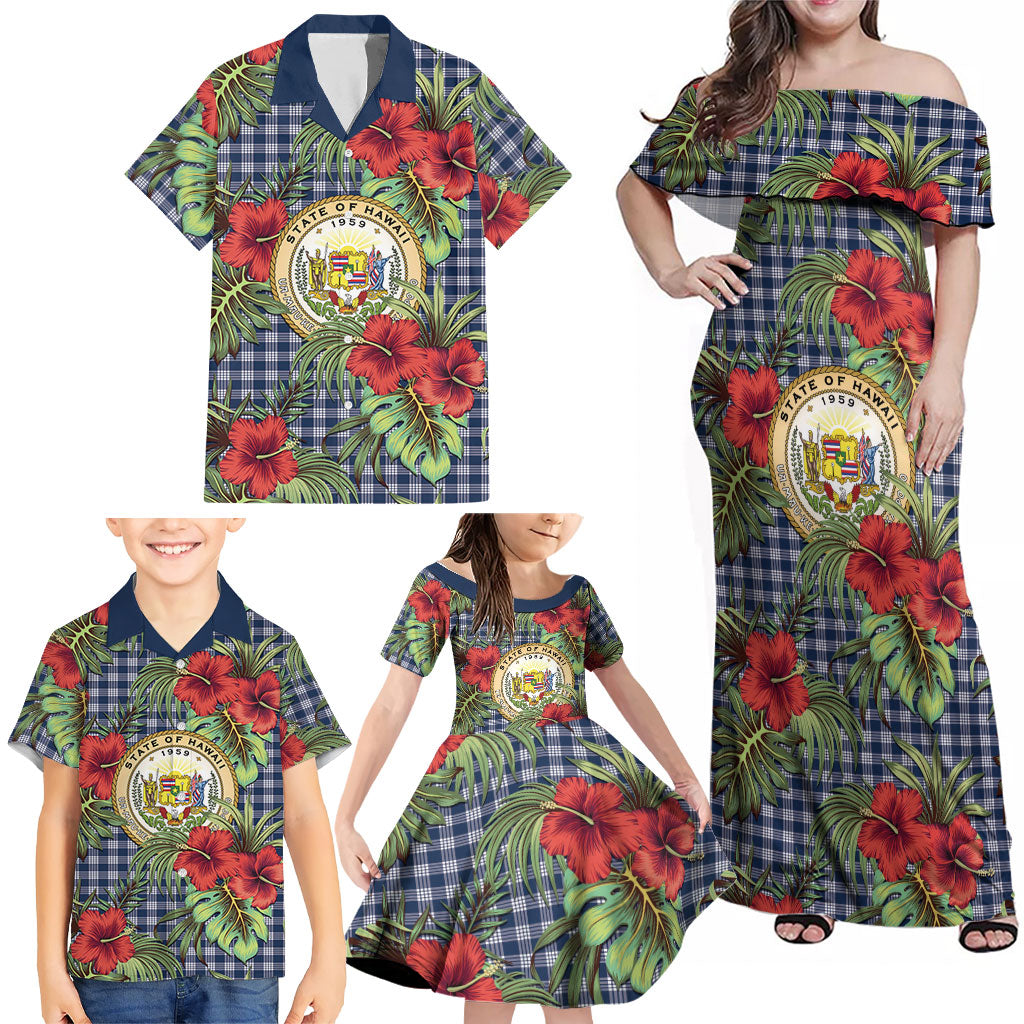Vintage Hawaii Hibiscus Palaka Family Matching Off Shoulder Maxi Dress and Hawaiian Shirt Navy Color