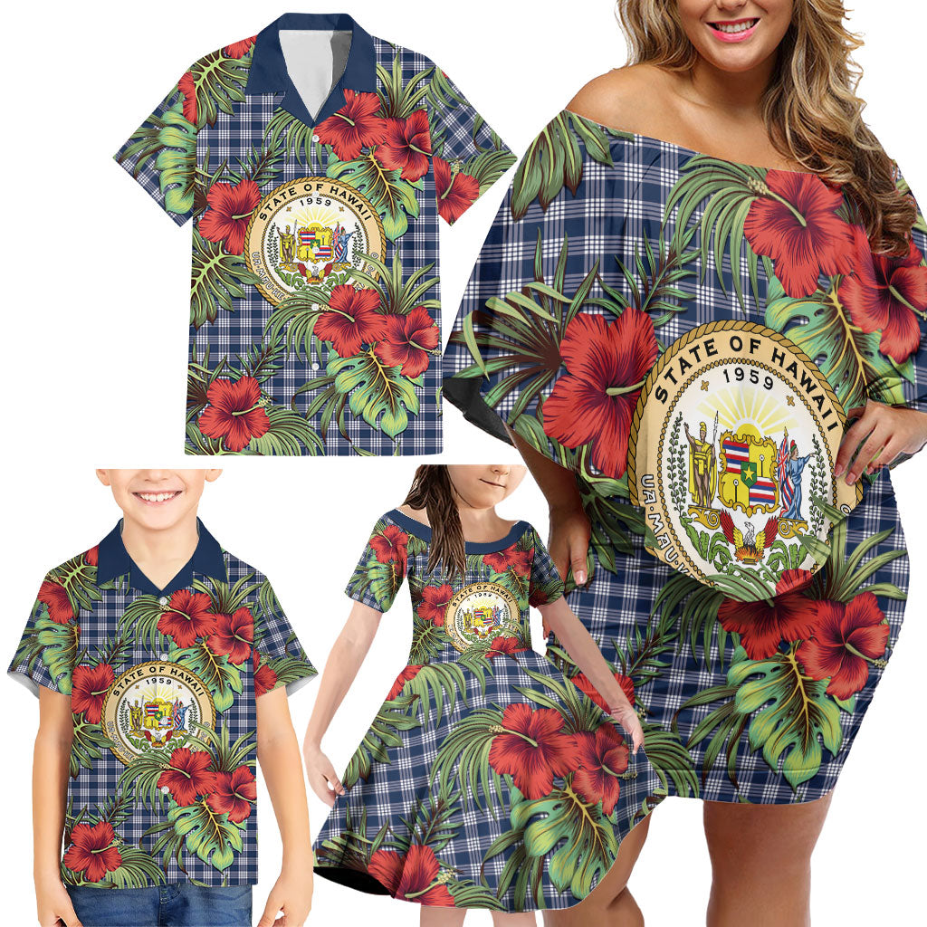 Vintage Hawaii Hibiscus Palaka Family Matching Off Shoulder Short Dress and Hawaiian Shirt Navy Color