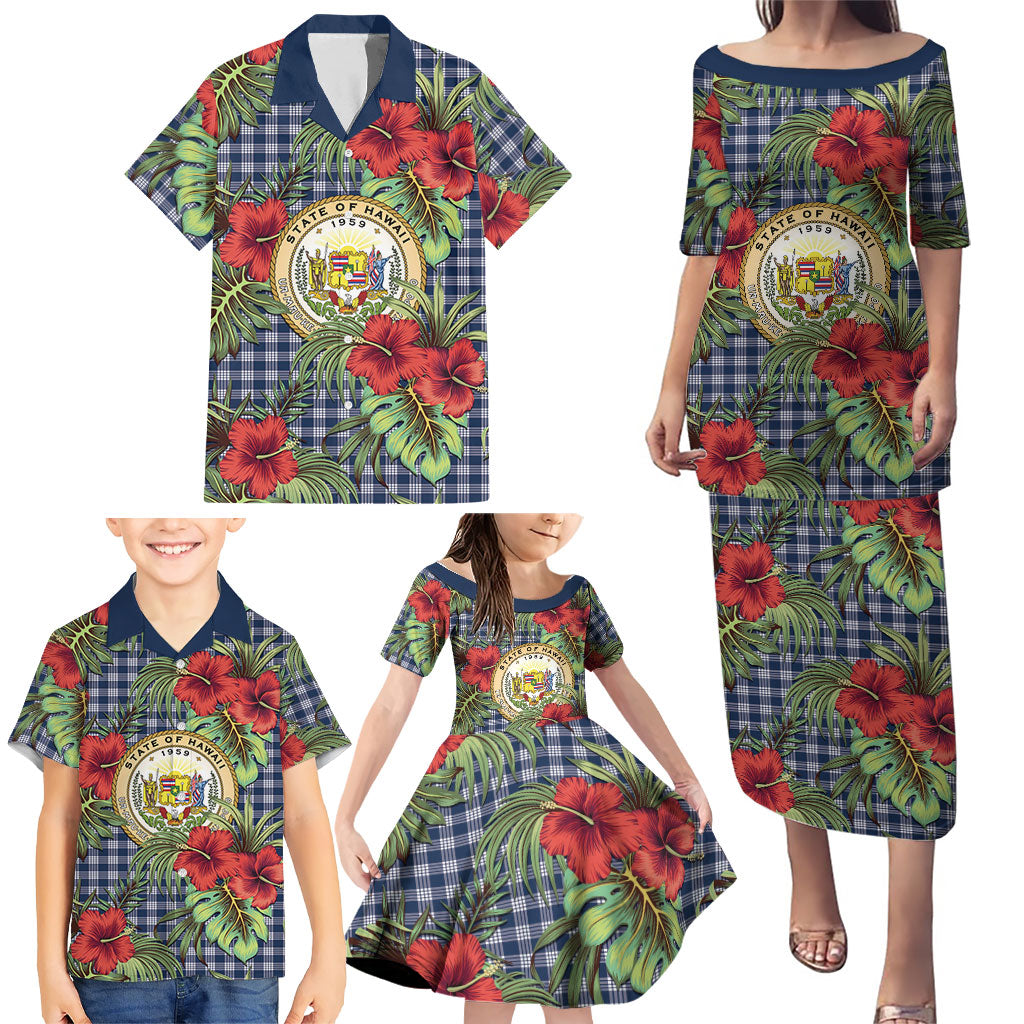 Vintage Hawaii Hibiscus Palaka Family Matching Puletasi and Hawaiian Shirt Navy Color
