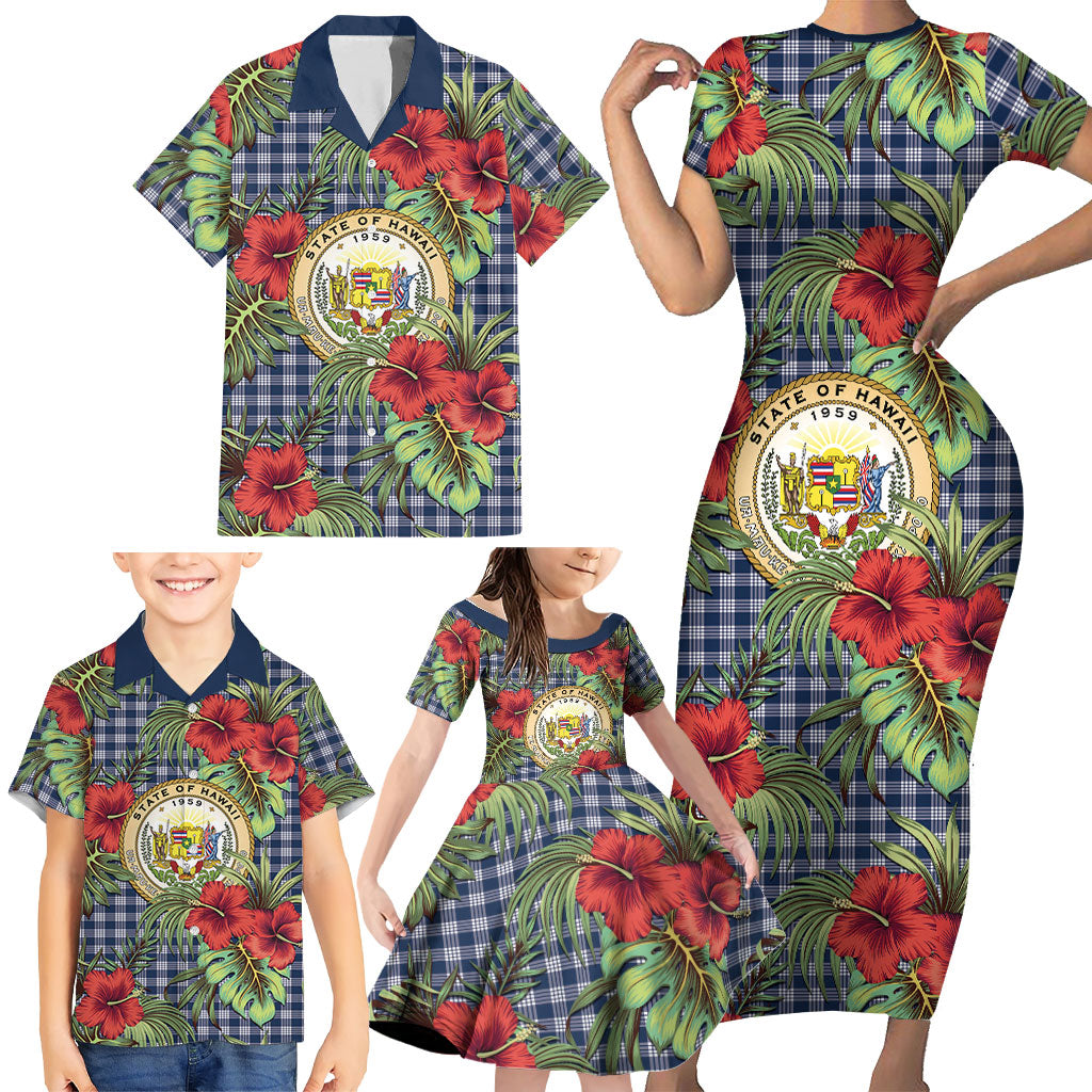 Vintage Hawaii Hibiscus Palaka Family Matching Short Sleeve Bodycon Dress and Hawaiian Shirt Navy Color