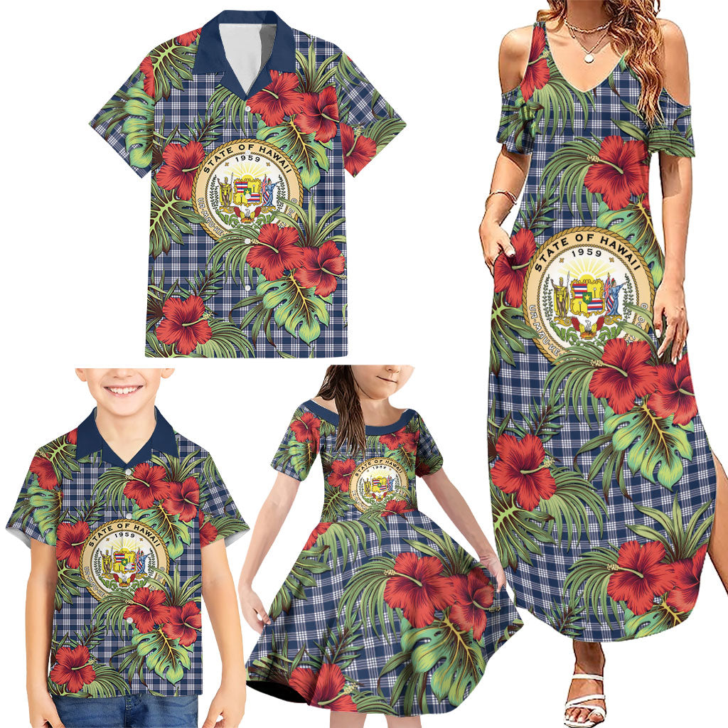 Vintage Hawaii Hibiscus Palaka Family Matching Summer Maxi Dress and Hawaiian Shirt Navy Color