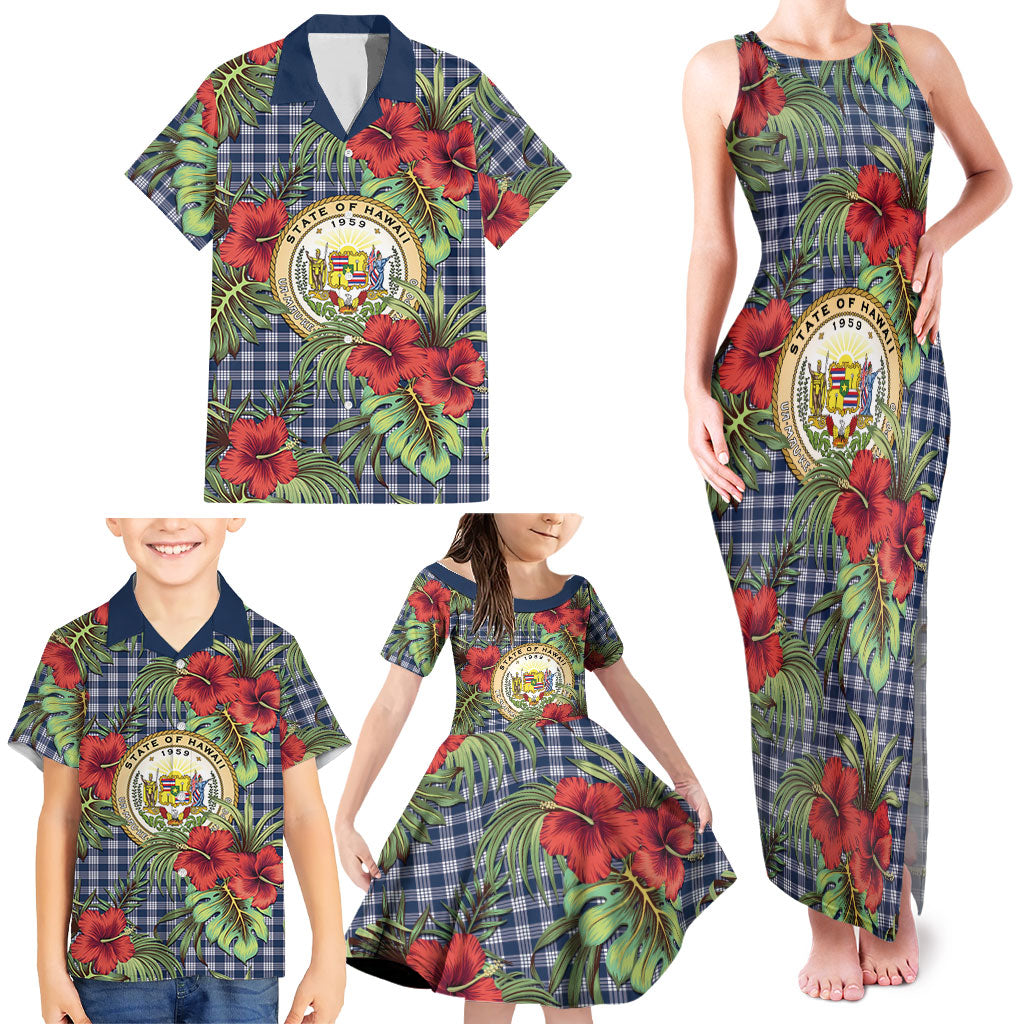 Vintage Hawaii Hibiscus Palaka Family Matching Tank Maxi Dress and Hawaiian Shirt Navy Color